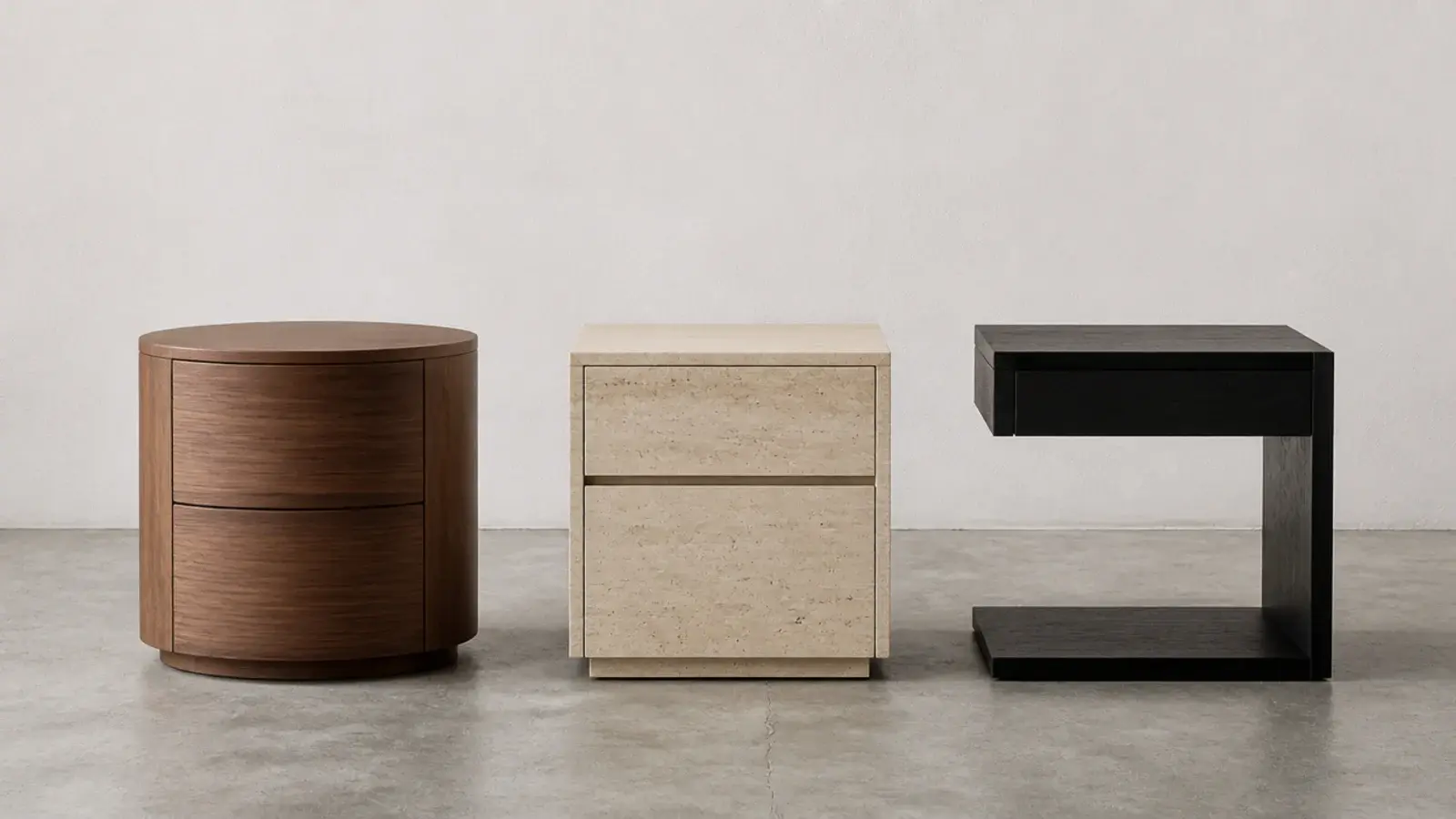 three modern nightstand forms lined up as cylinder cube and cantilever