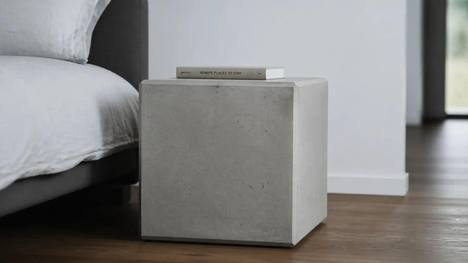 grey concrete cube nightstand with visible casting pinholes and chamfer