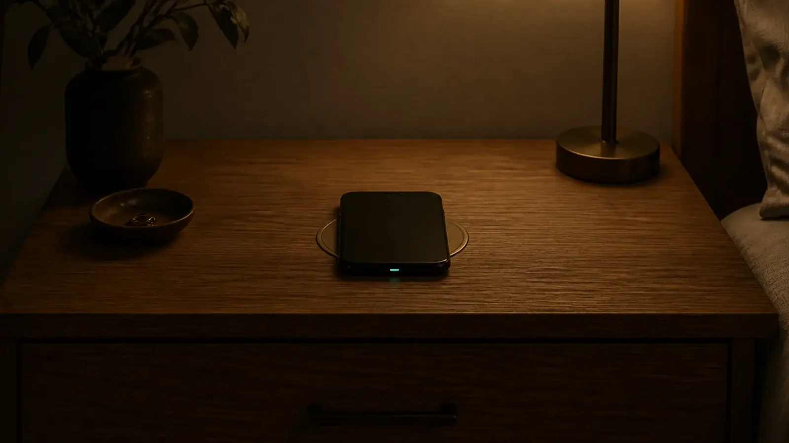 phone resting on a marked inlay circle set into a wooden tabletop