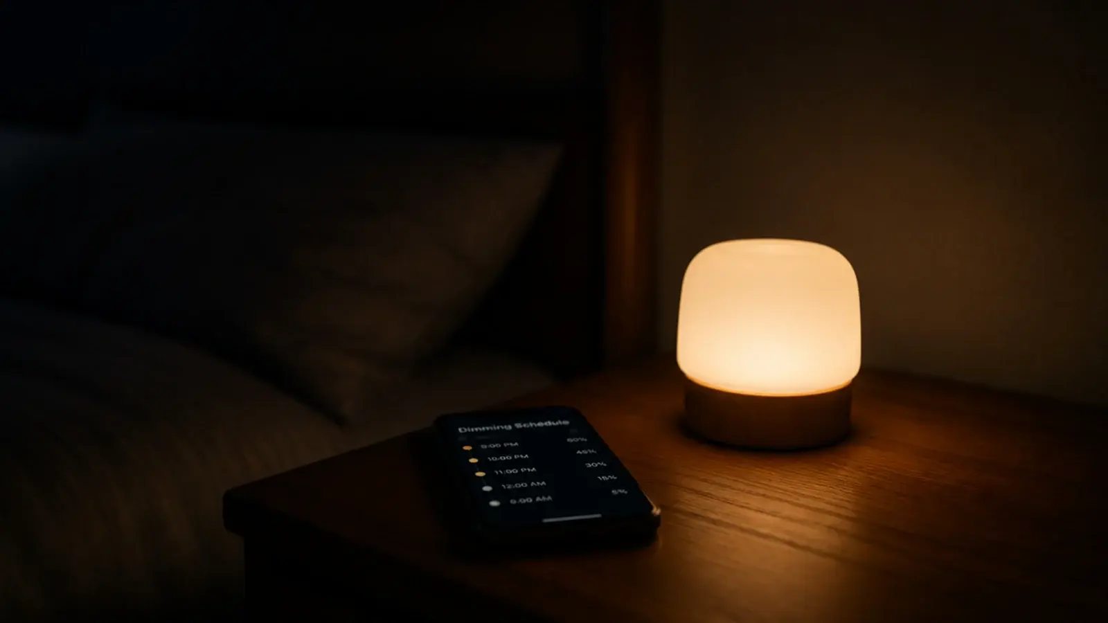 bedside lamp dimming gradually with a phone app open beside it