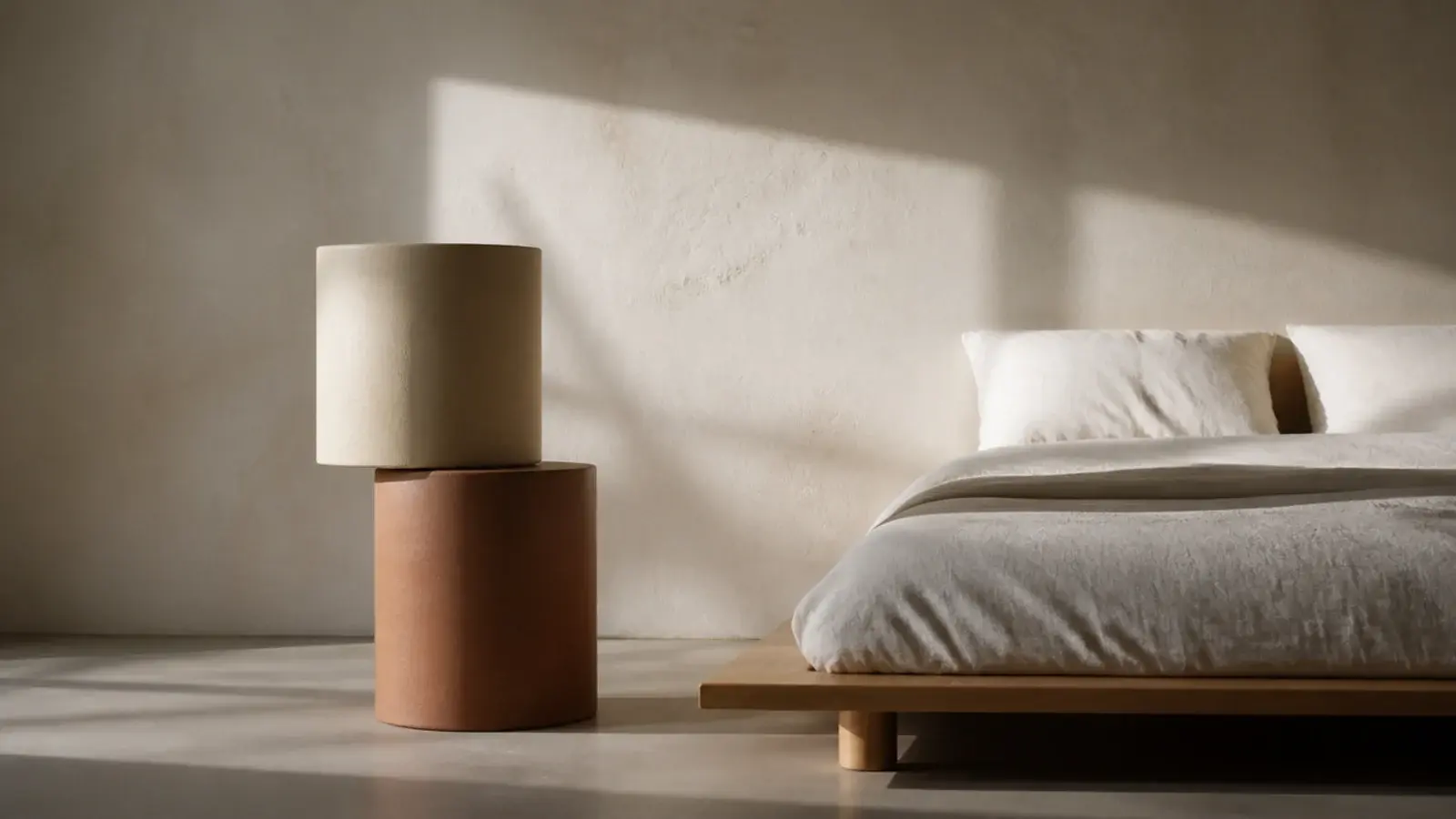 two stacked cylinders offset to create a sculptural bedside form