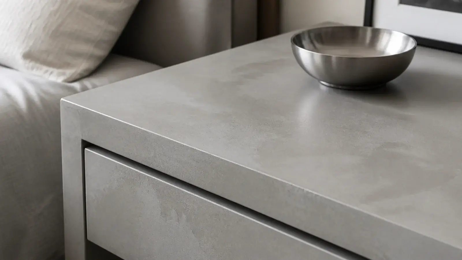 hand-trowelled micro cement surface on a boxy bedside cabinet