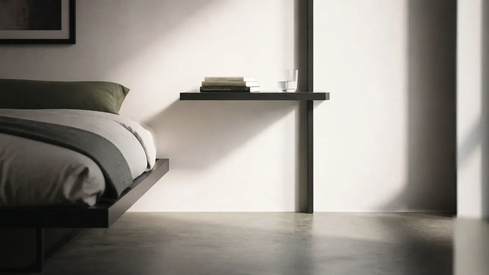 bedside surface cantilevered from a single upright with open space beneath