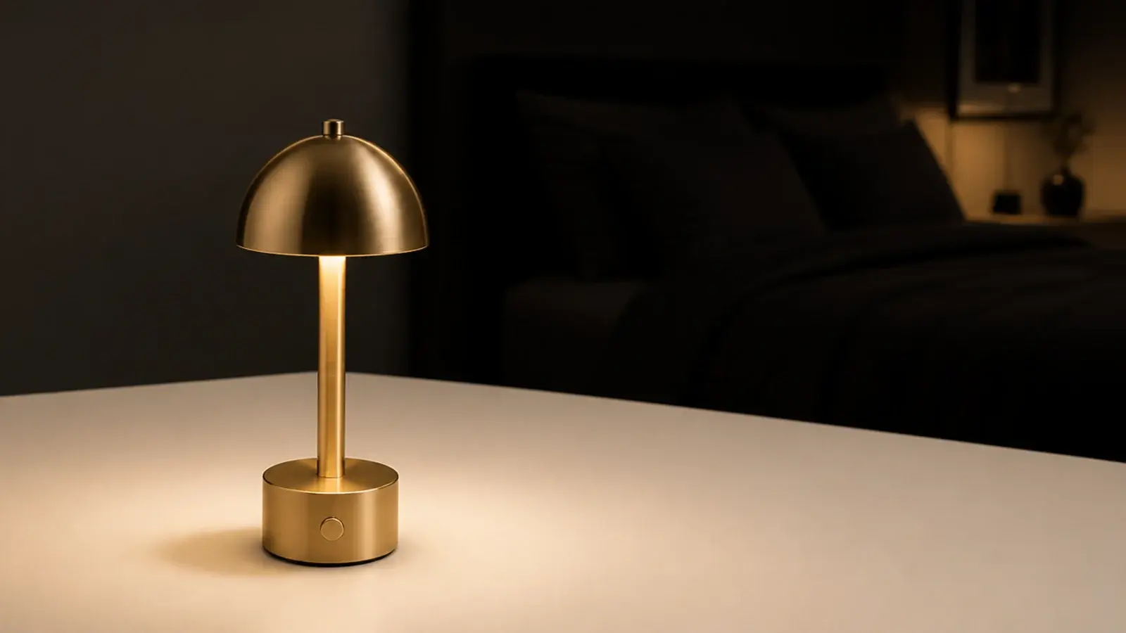 small cordless rechargeable lamp standing on a bare modern nightstand