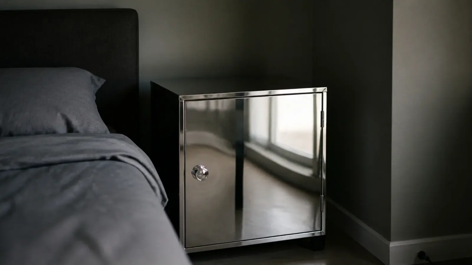 polished stainless steel nightstand reflecting a window in a dim room