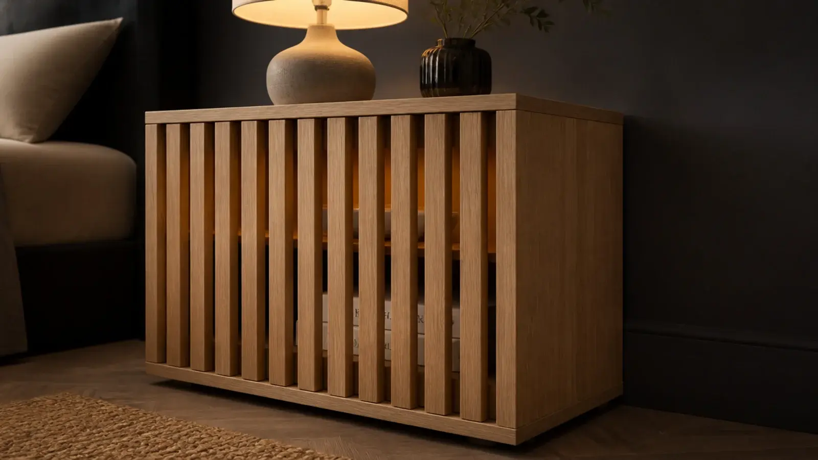 vertical timber slats forming an open bedside cabinet front with gaps