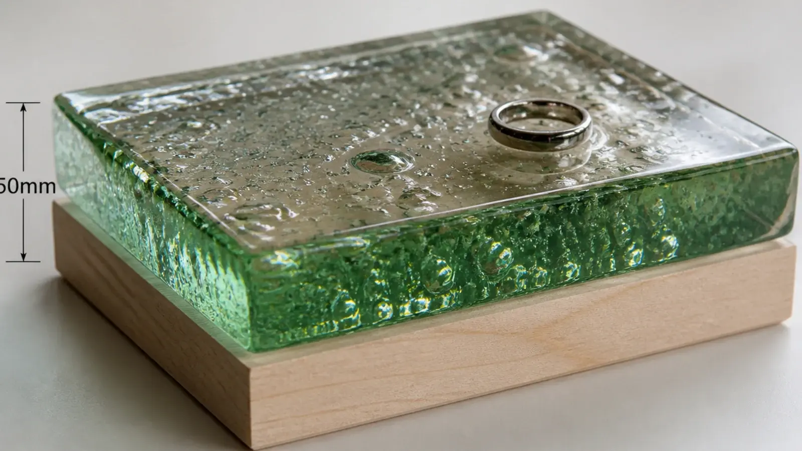 thick recycled glass slab top showing trapped bubbles and green edges