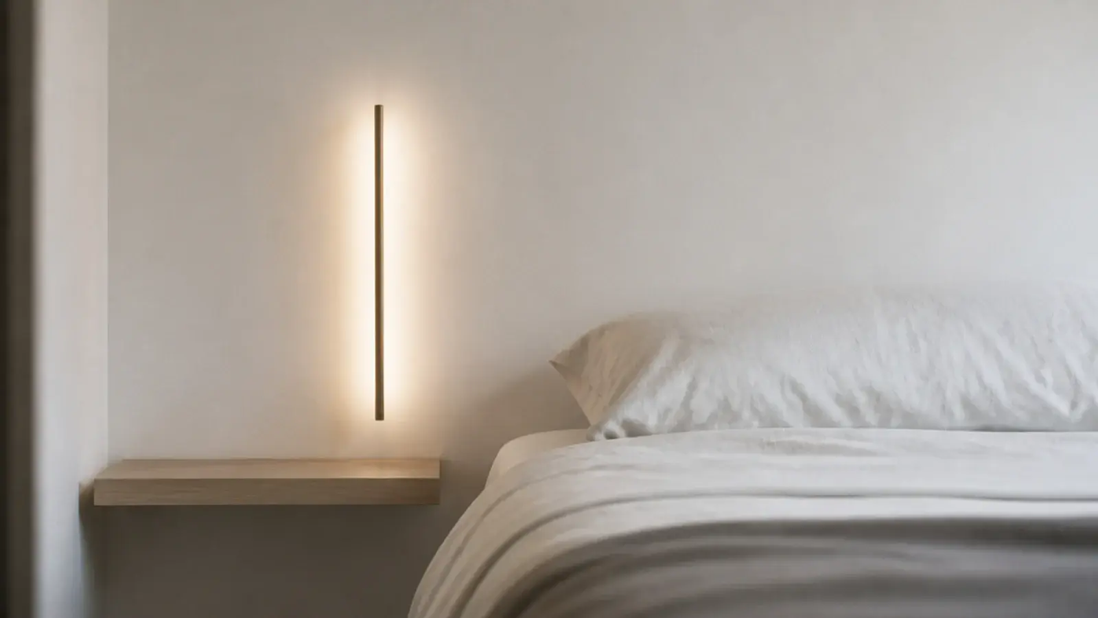 minimal bedroom with one flat bedside plane and one vertical light