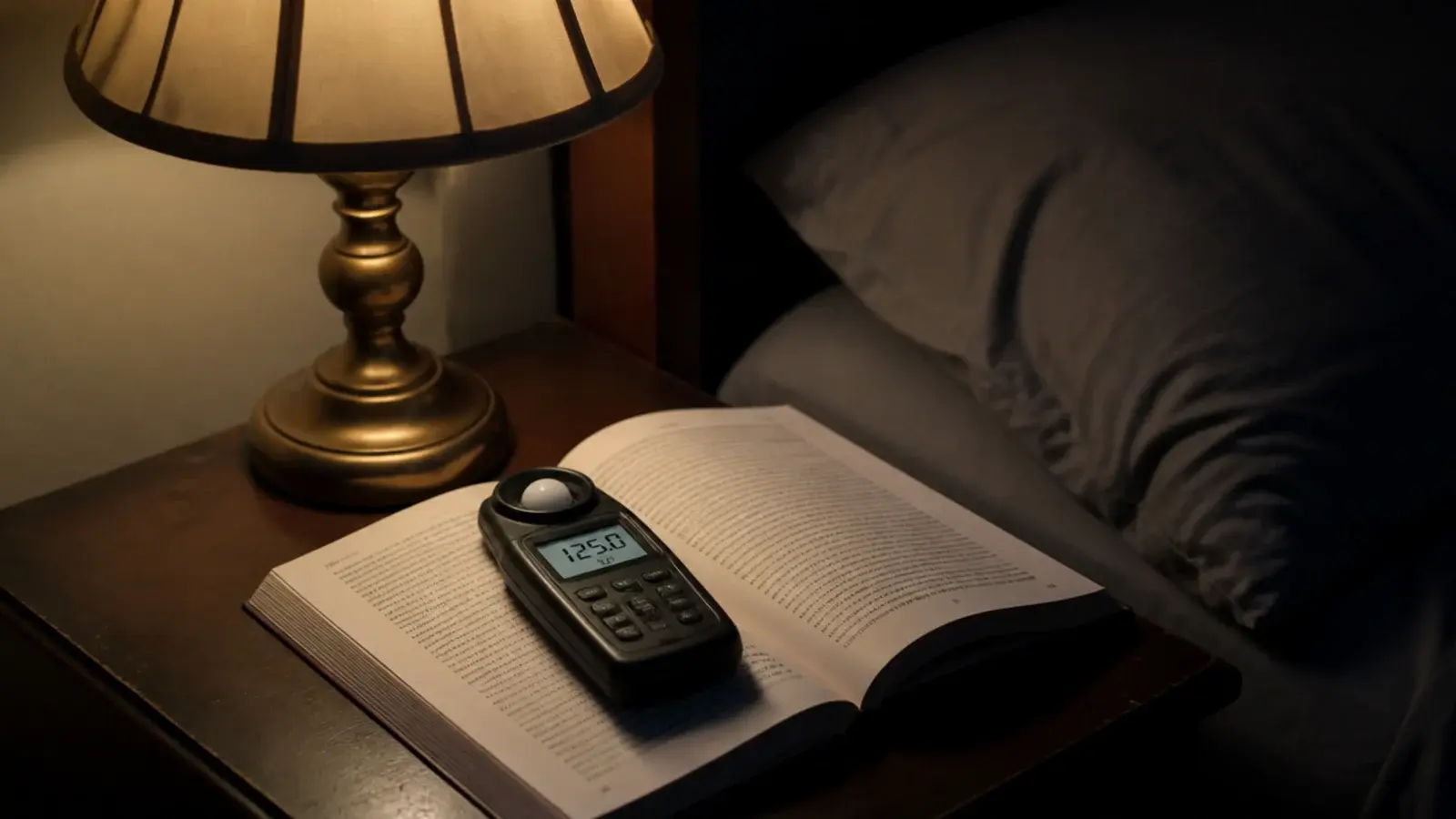 light meter reading held beside an open book under a lit lamp