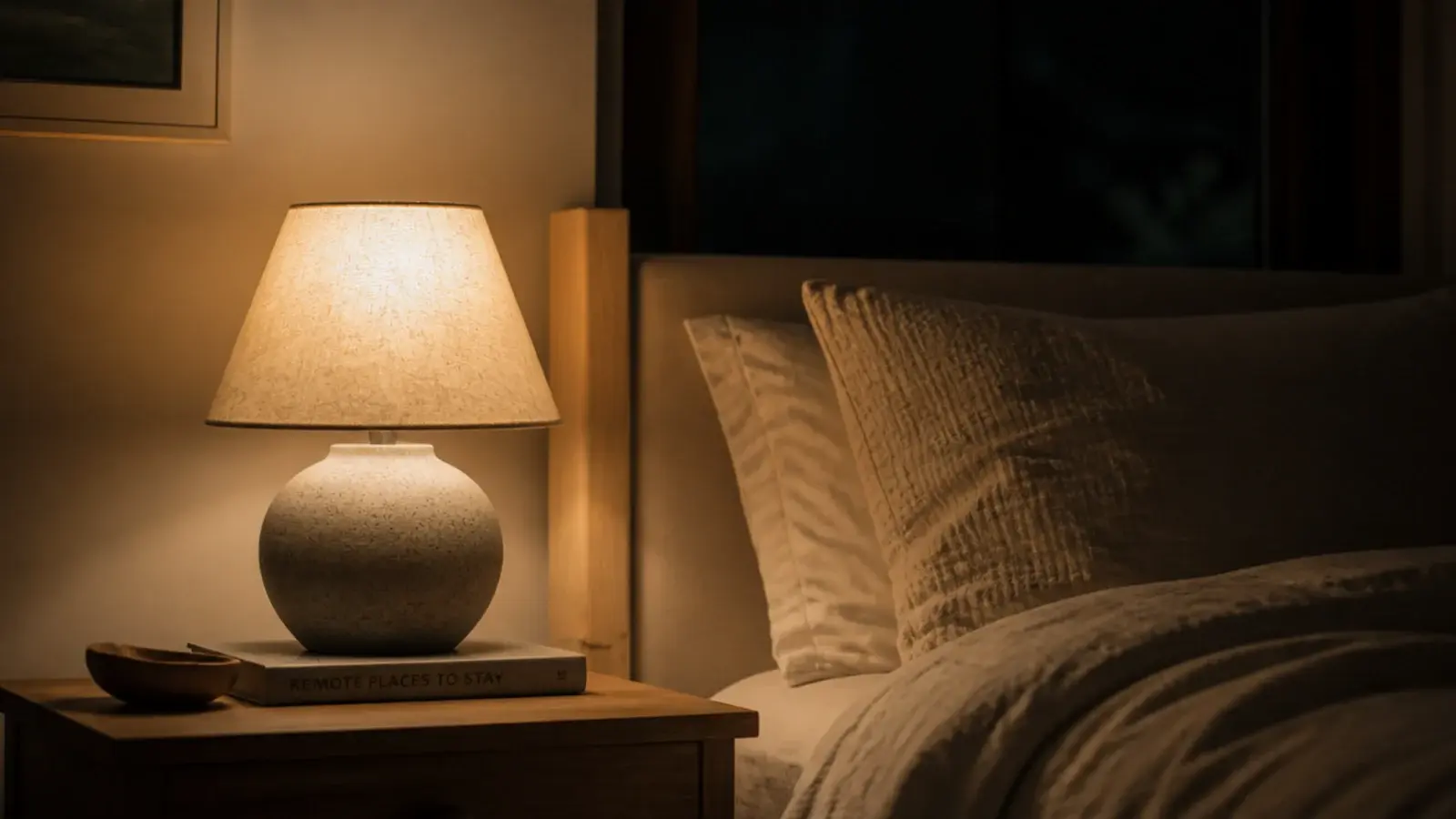ceramic based table lamp with a linen shade lit low beside a bed