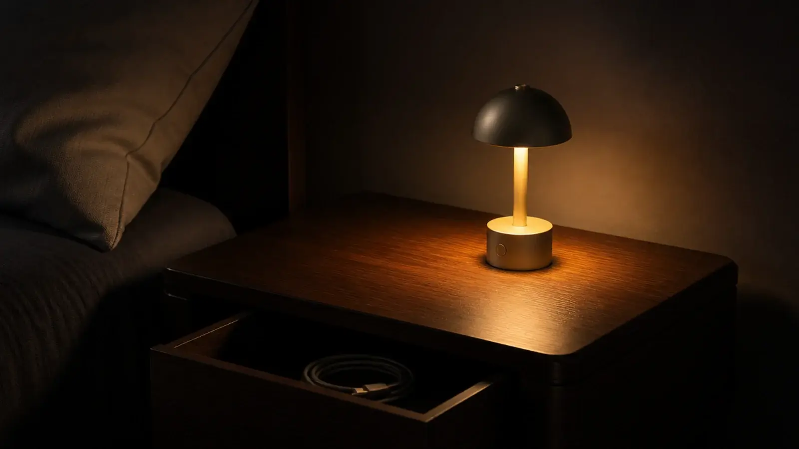 portable rechargeable lamp glowing on a bare bedside surface without cables
