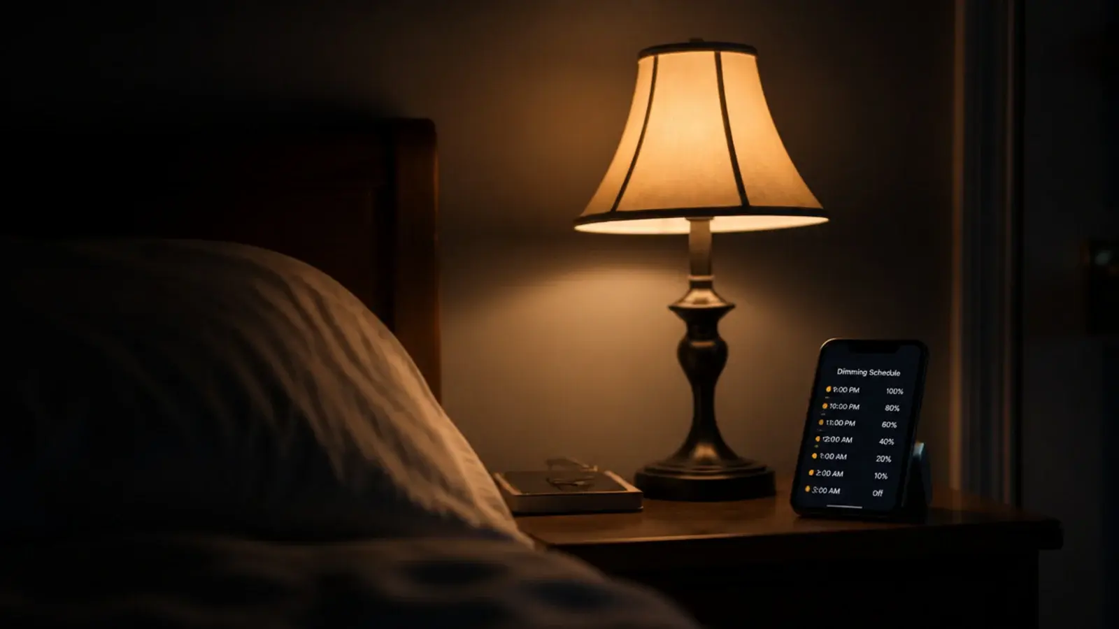 existing lamp fitted with a smart bulb dimming under a phone schedule
