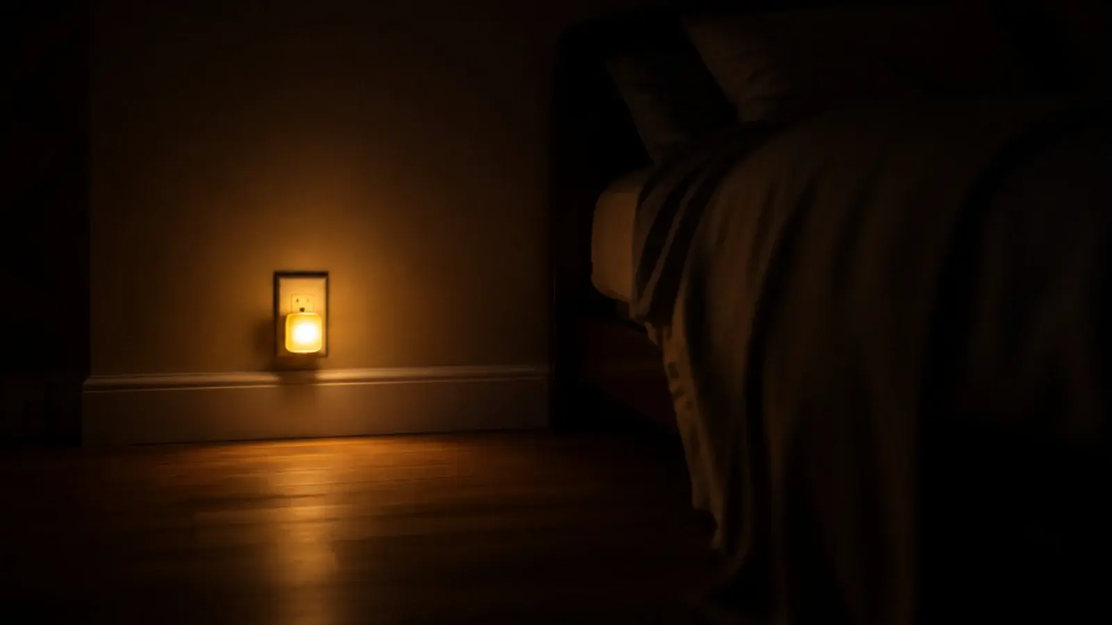 low floor level night light casting a soft pool onto floorboards
