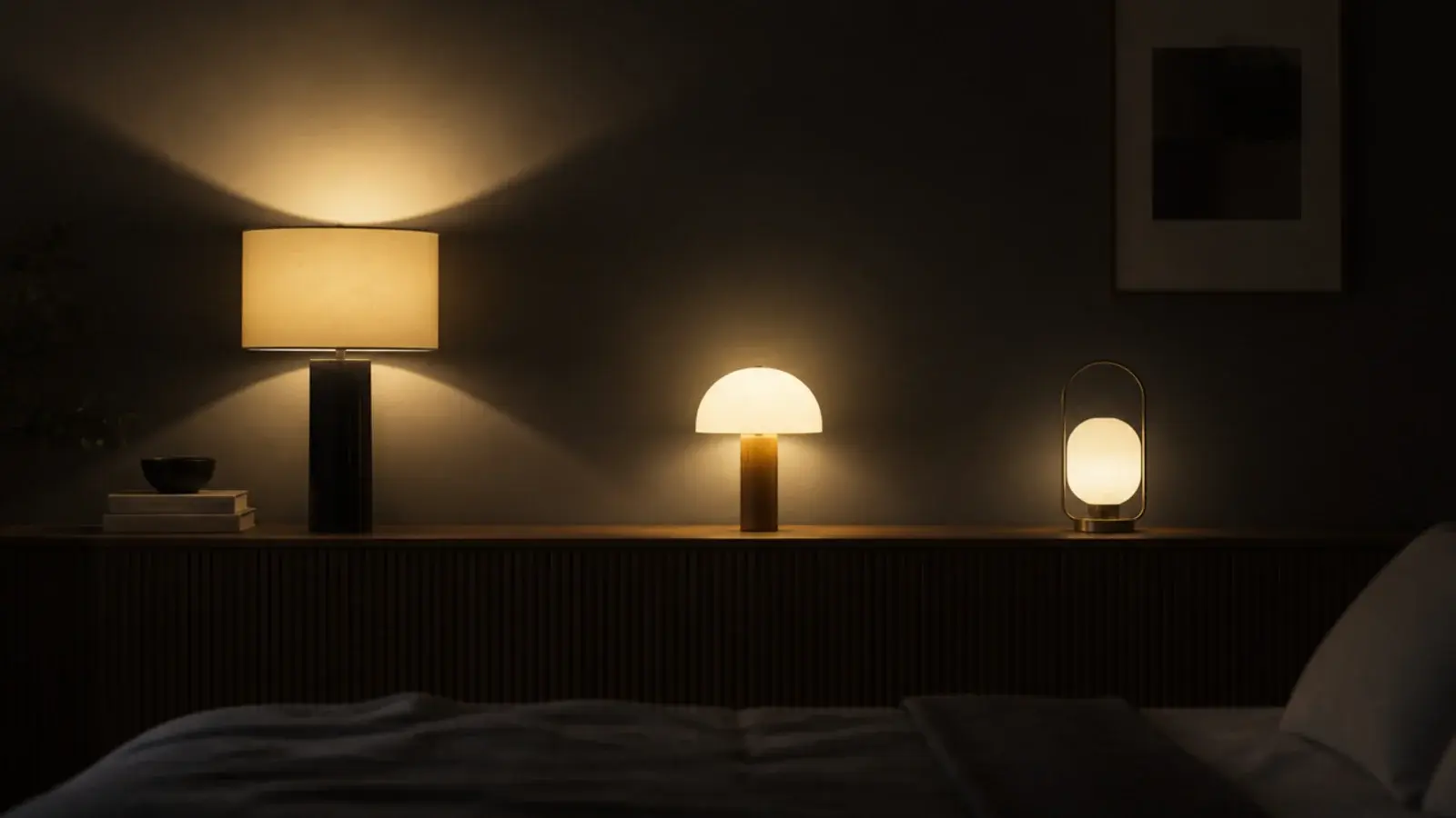 bedside table lamp ideas compared with three lit lamps at different brightness