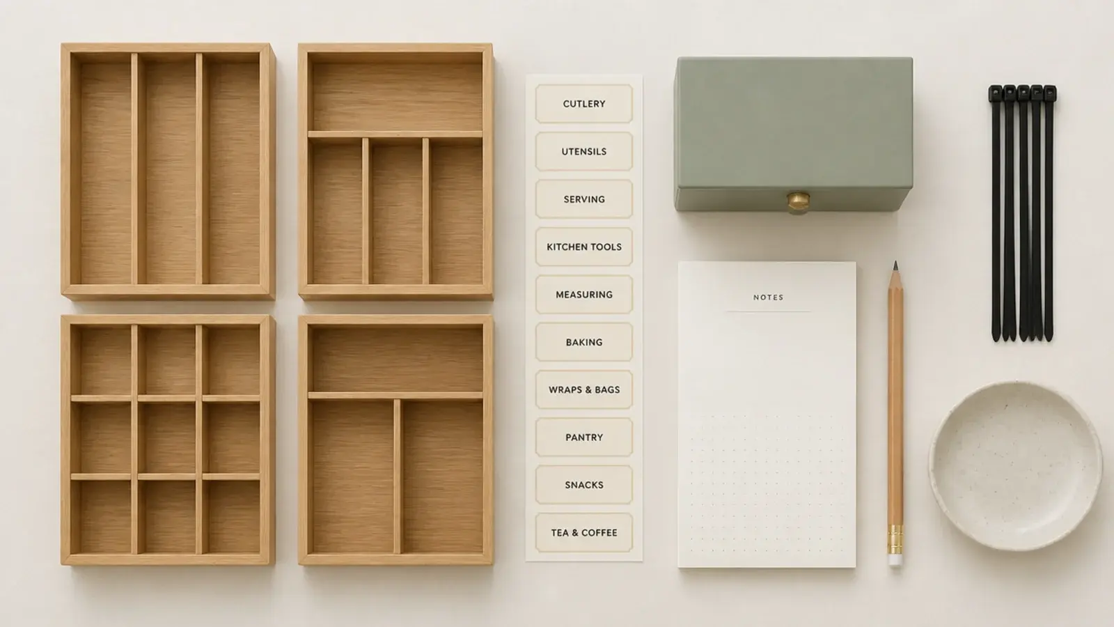 flat lay of dividers a lidded box cable ties notepad and label maker