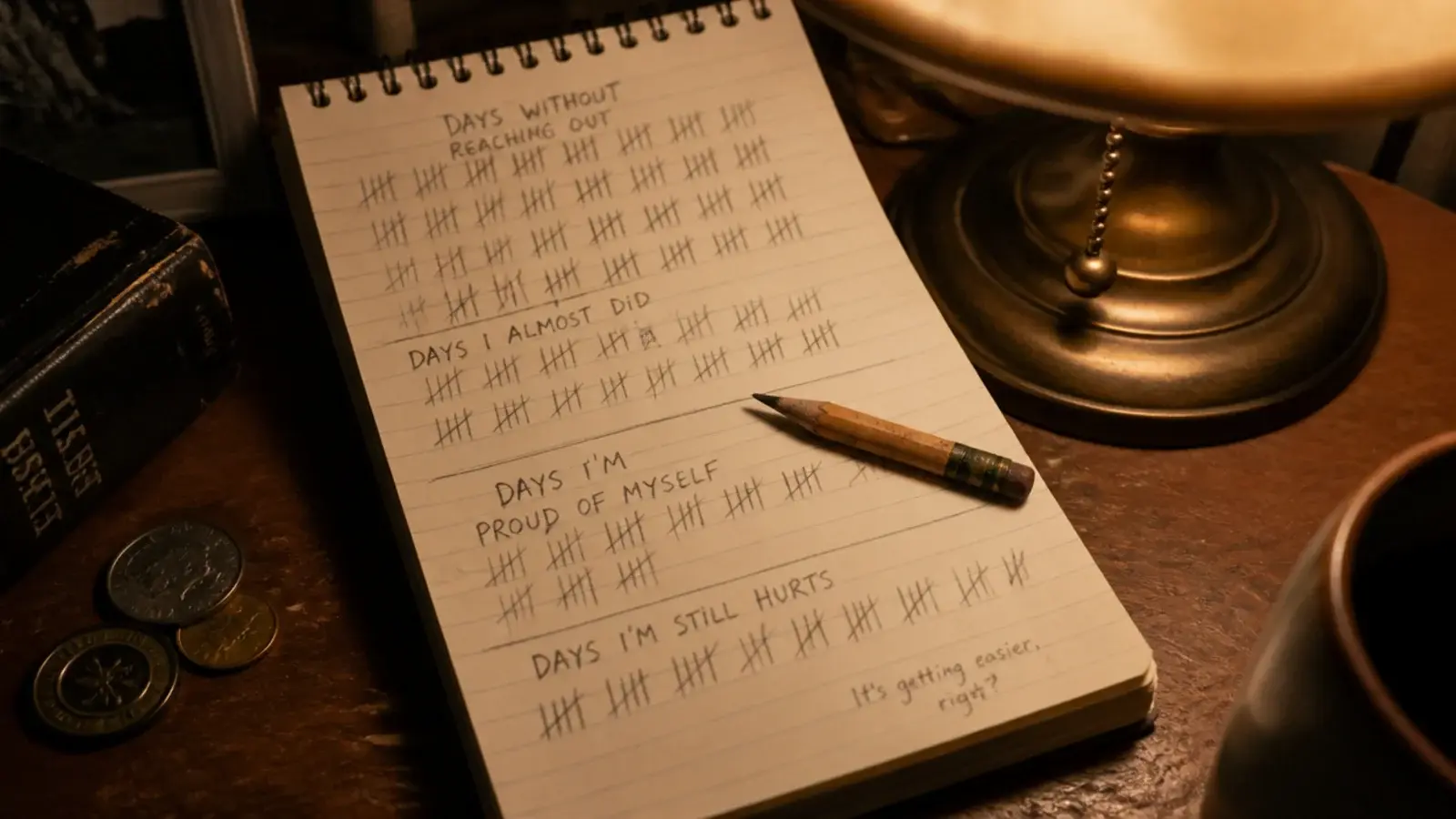 small notepad marked with pencil tally strokes beside a bedside lamp