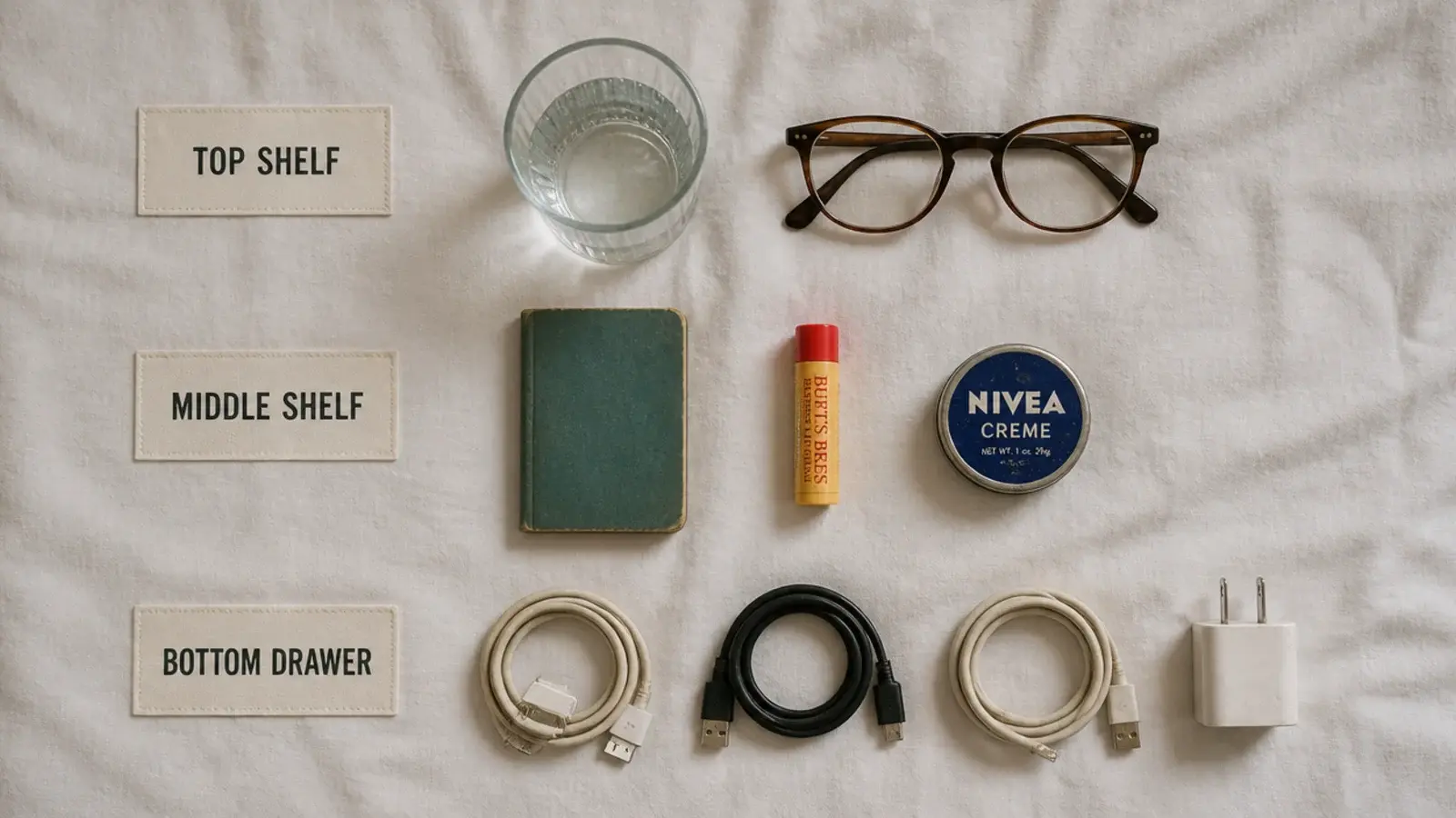 bedside objects arranged in three rows by how often they are used