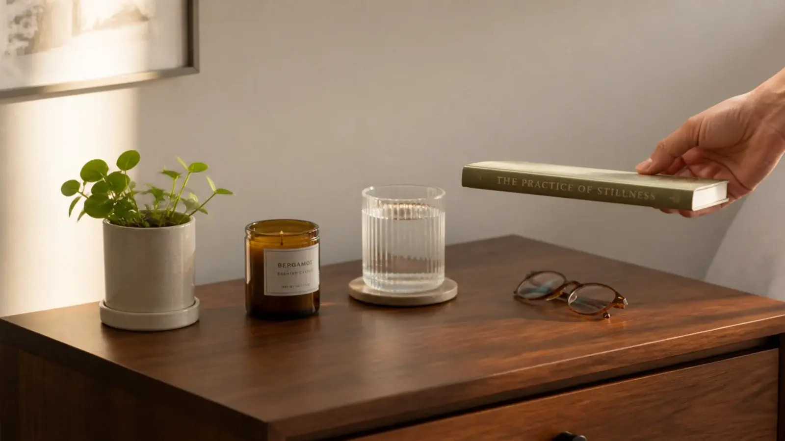 four objects on a bedside table with a fifth being set aside