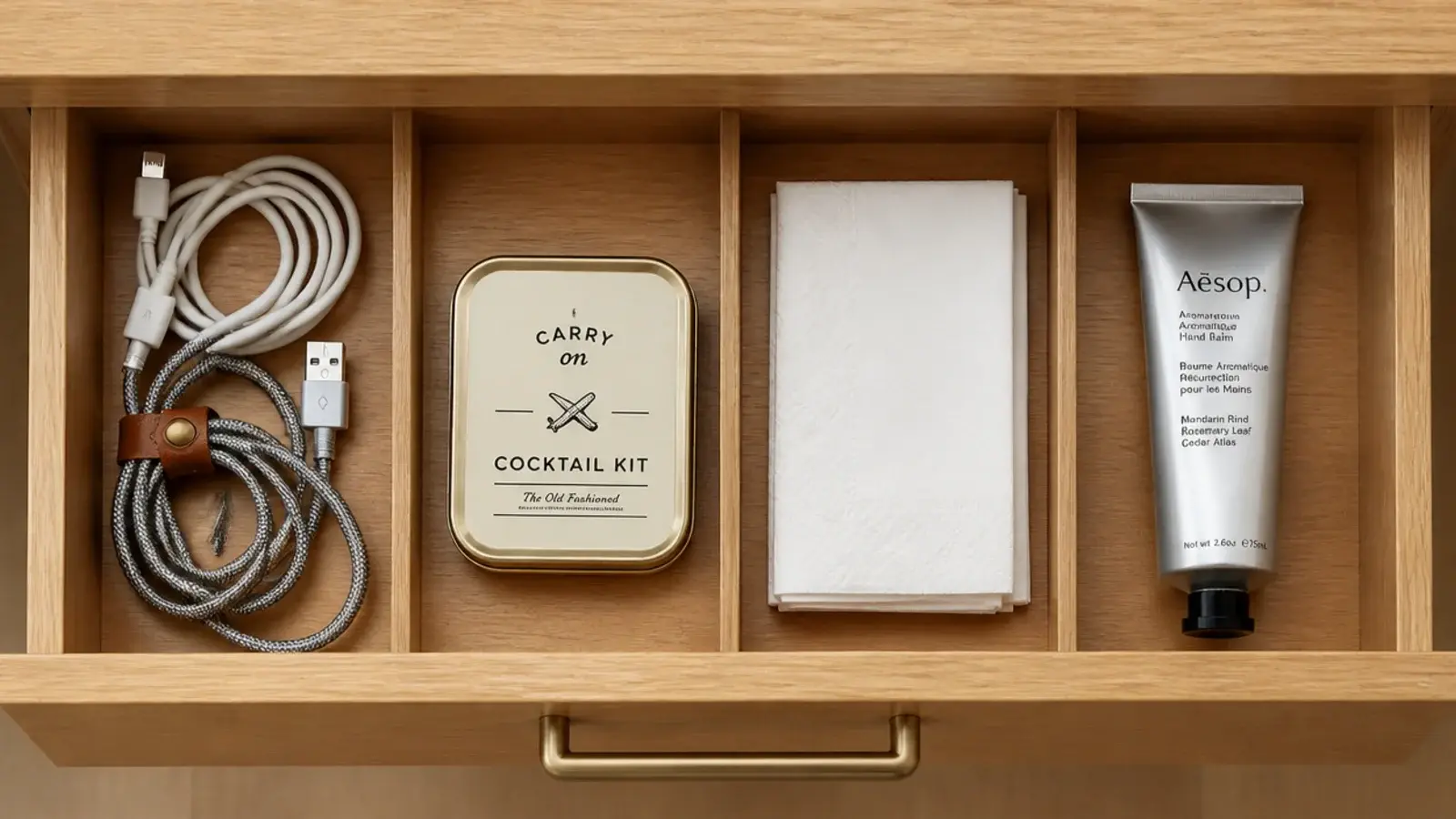 bedside drawer split into four compartments each holding one category