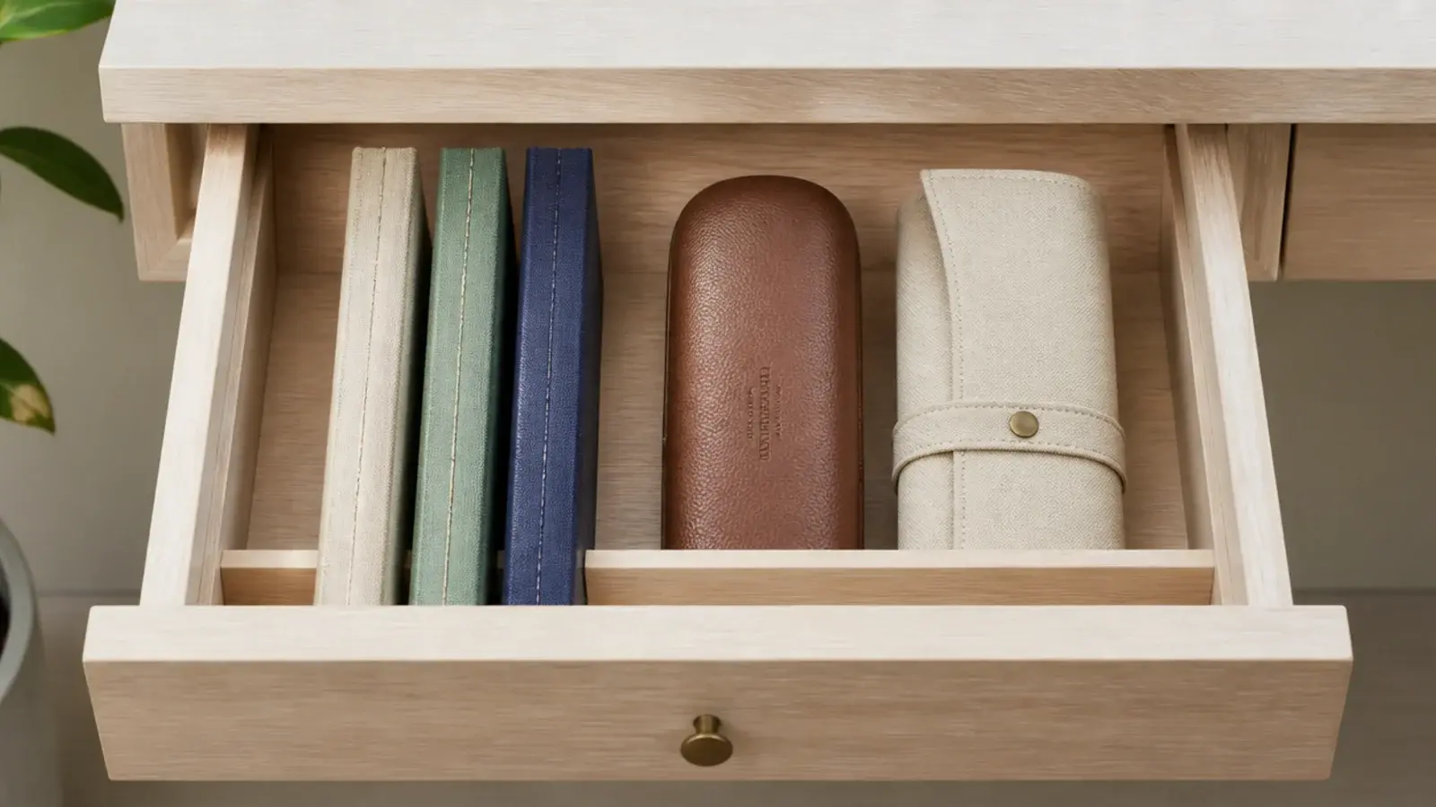 notebooks and cases standing upright on edge inside a drawer