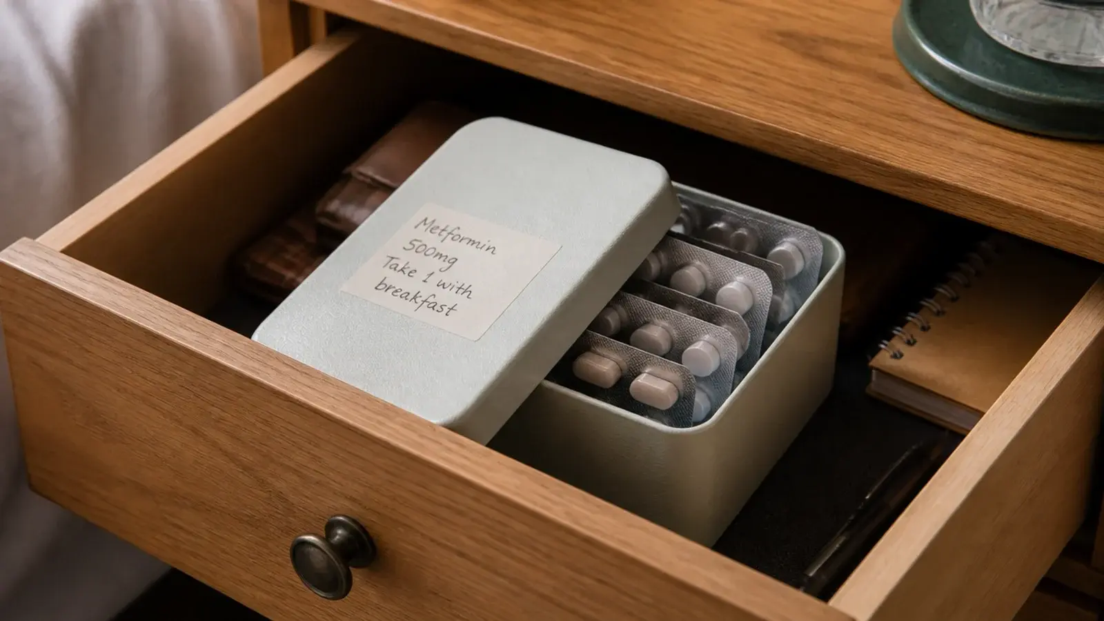 small labelled lidded box holding medication inside a bedside drawer