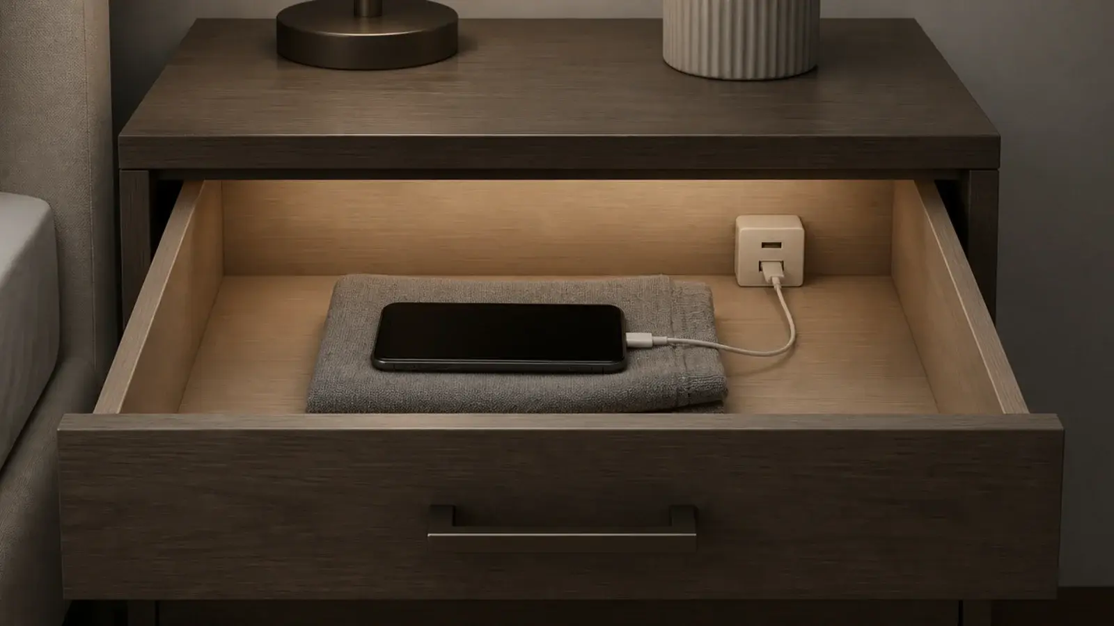 phone charging on a folded cloth inside an open bedside drawer