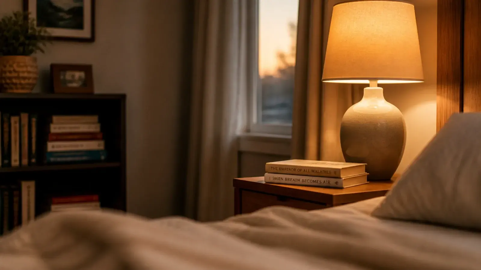 two books on a bedside table with a further stack on a shelf