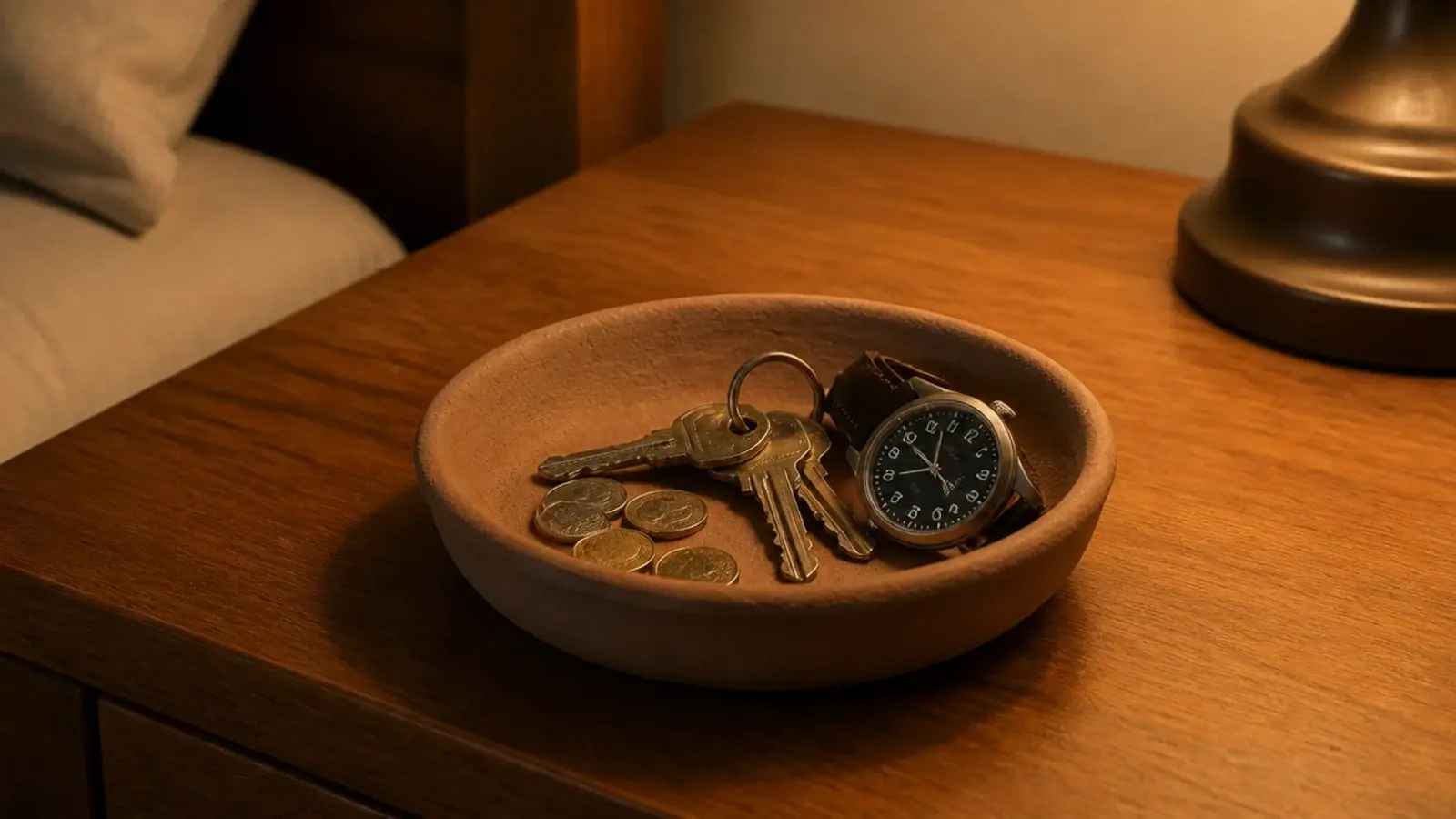 shallow clay dish holding coins keys and a watch beside a lamp