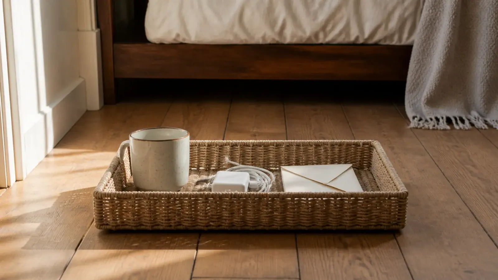 shallow box holding stray items destined for other rooms