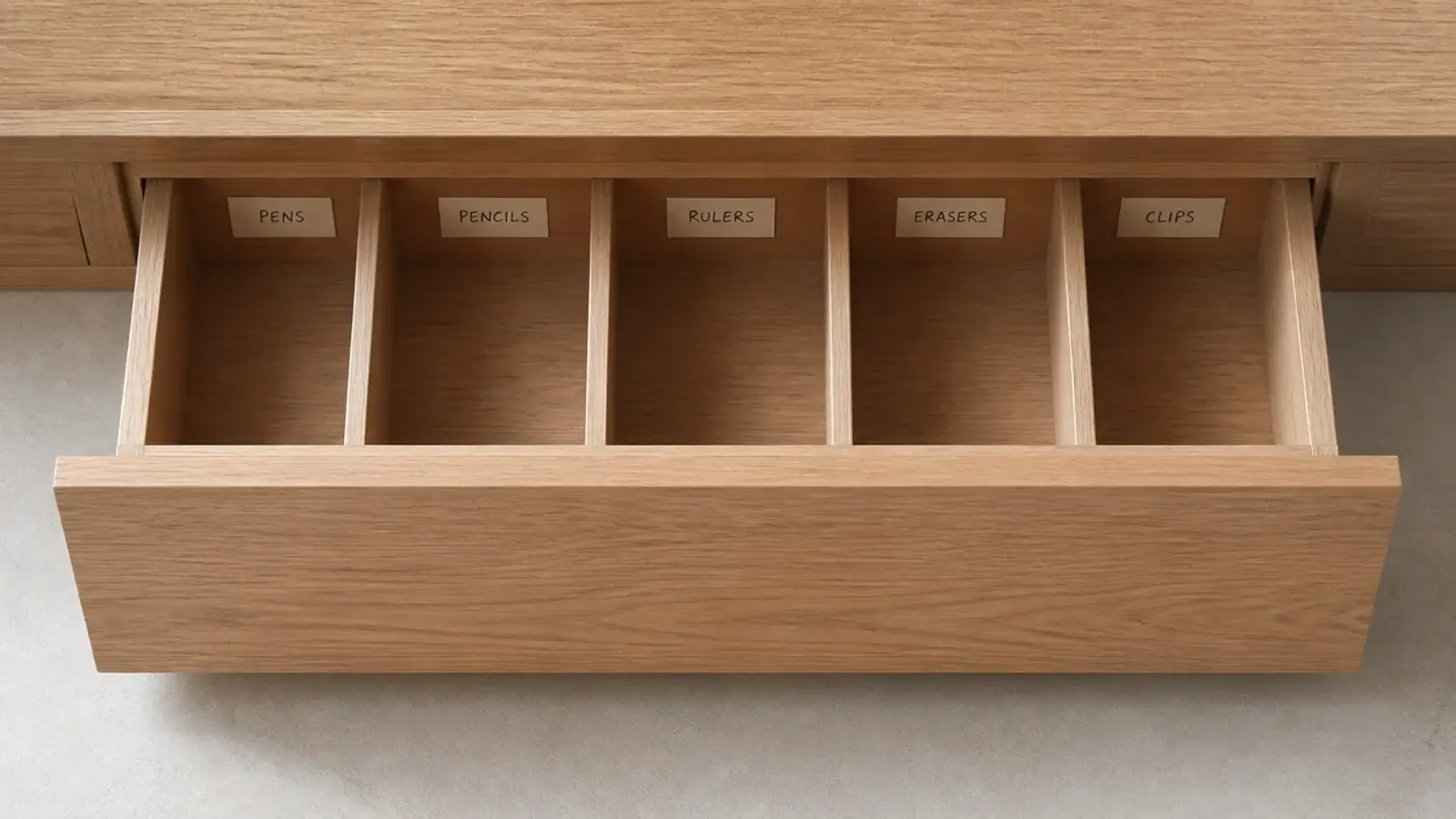 small handwritten labels stuck to the inner faces of drawer dividers