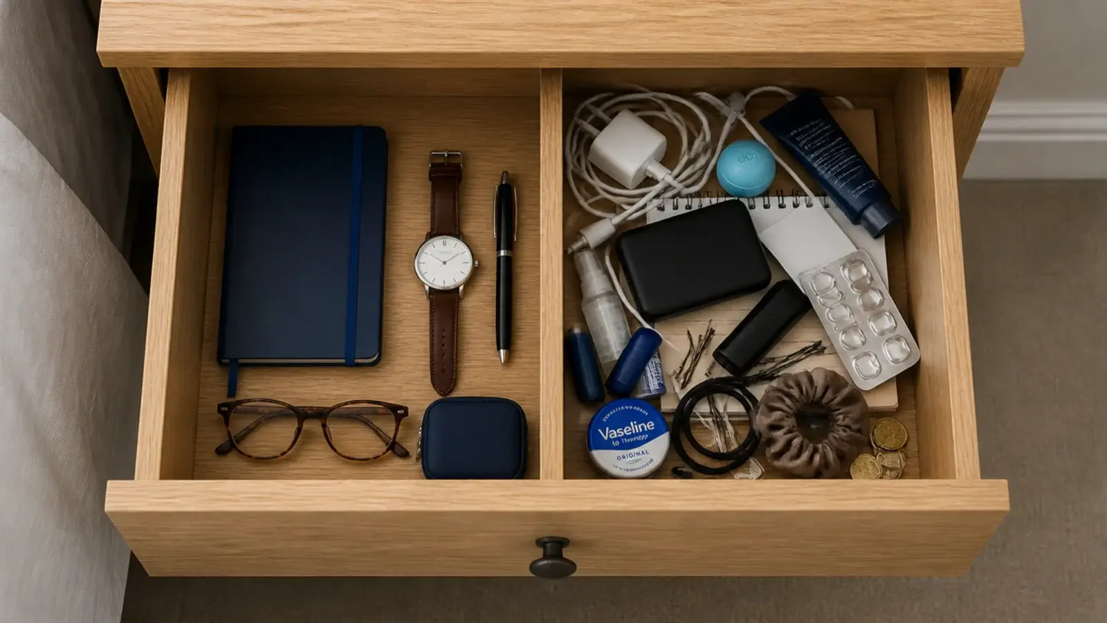 single drawer divided down the centre into two separate halves