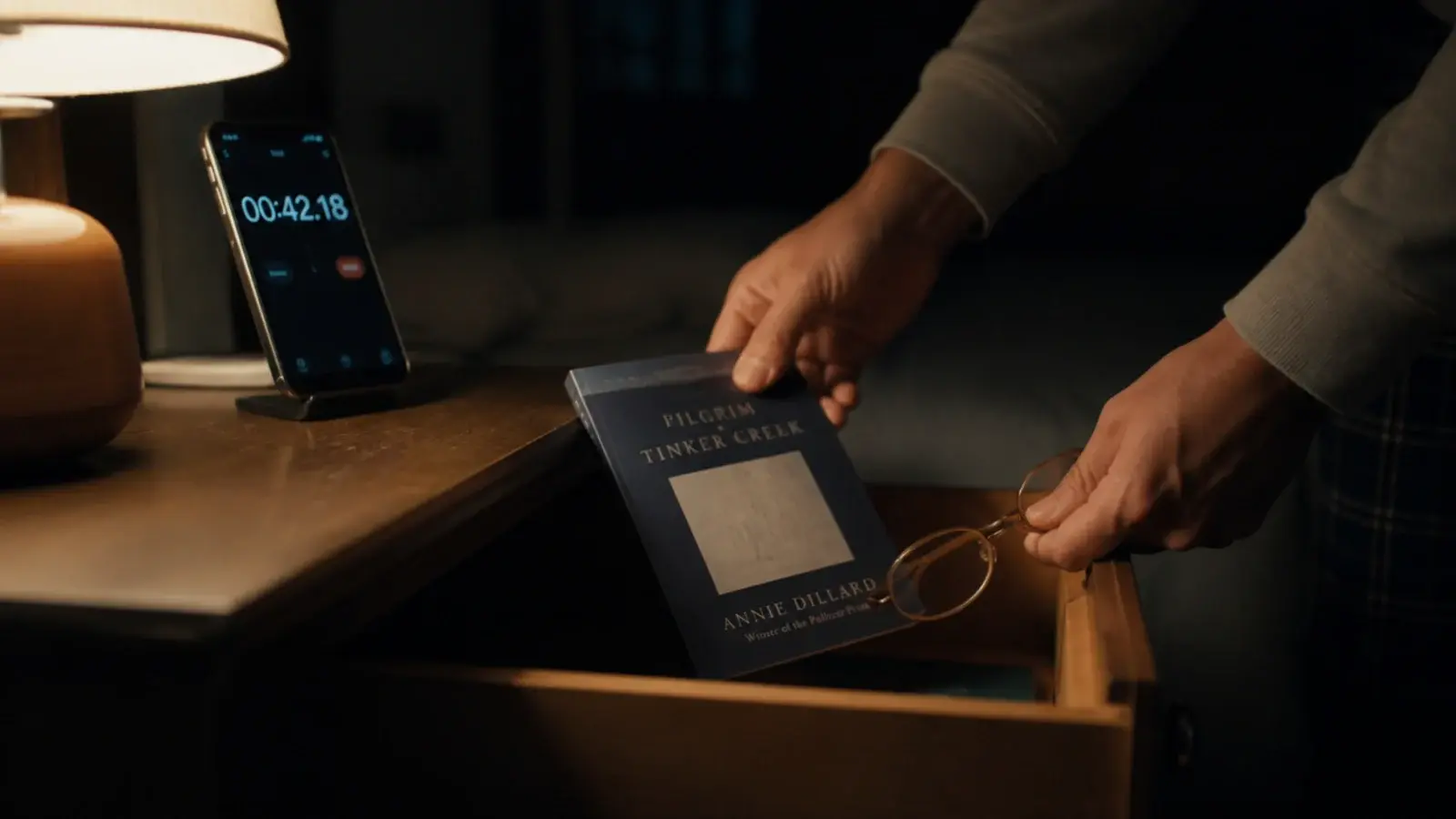 hands returning objects to a drawer with a phone timer running