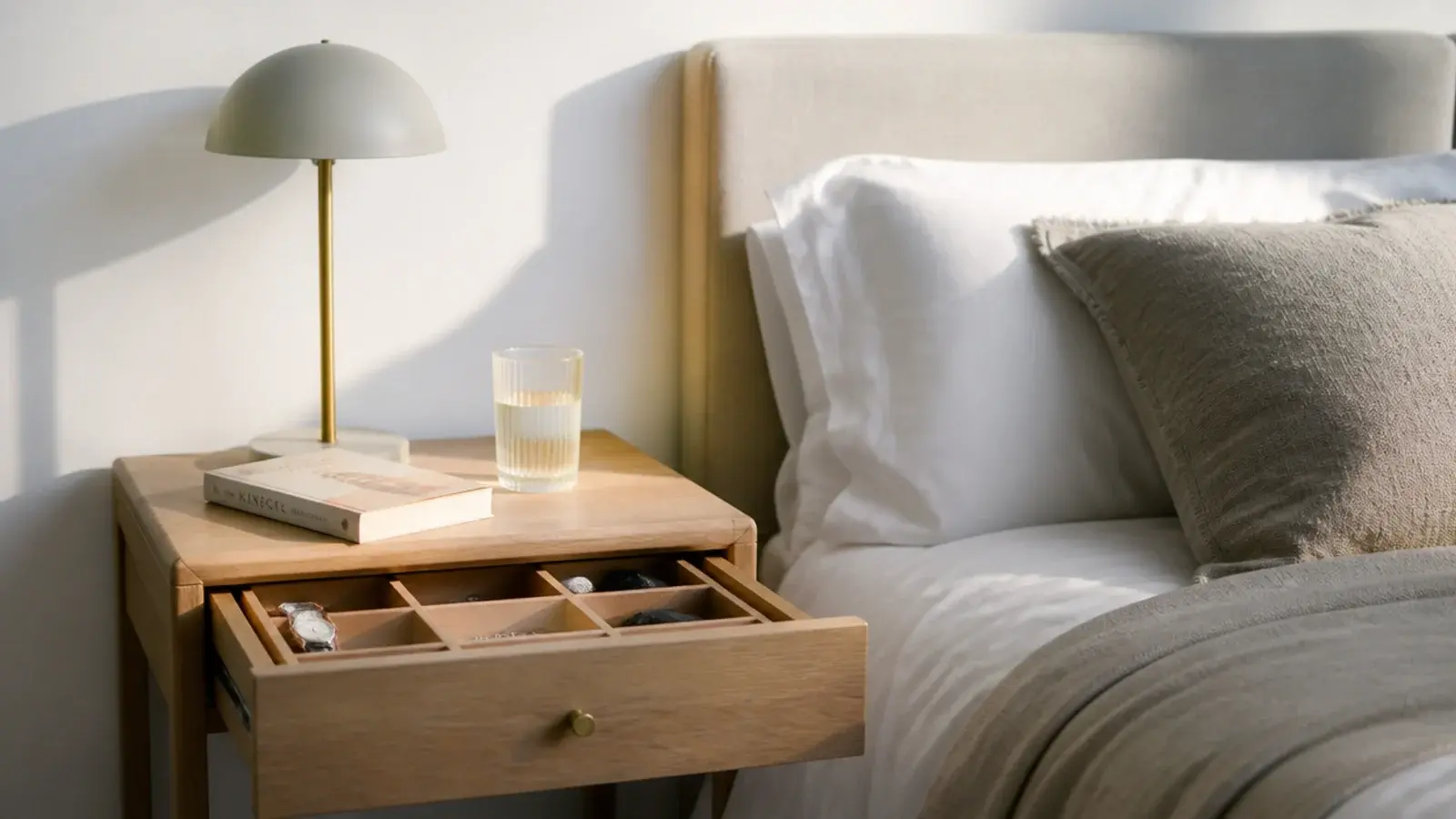 bedside table organization with a zoned drawer and a clear top surface