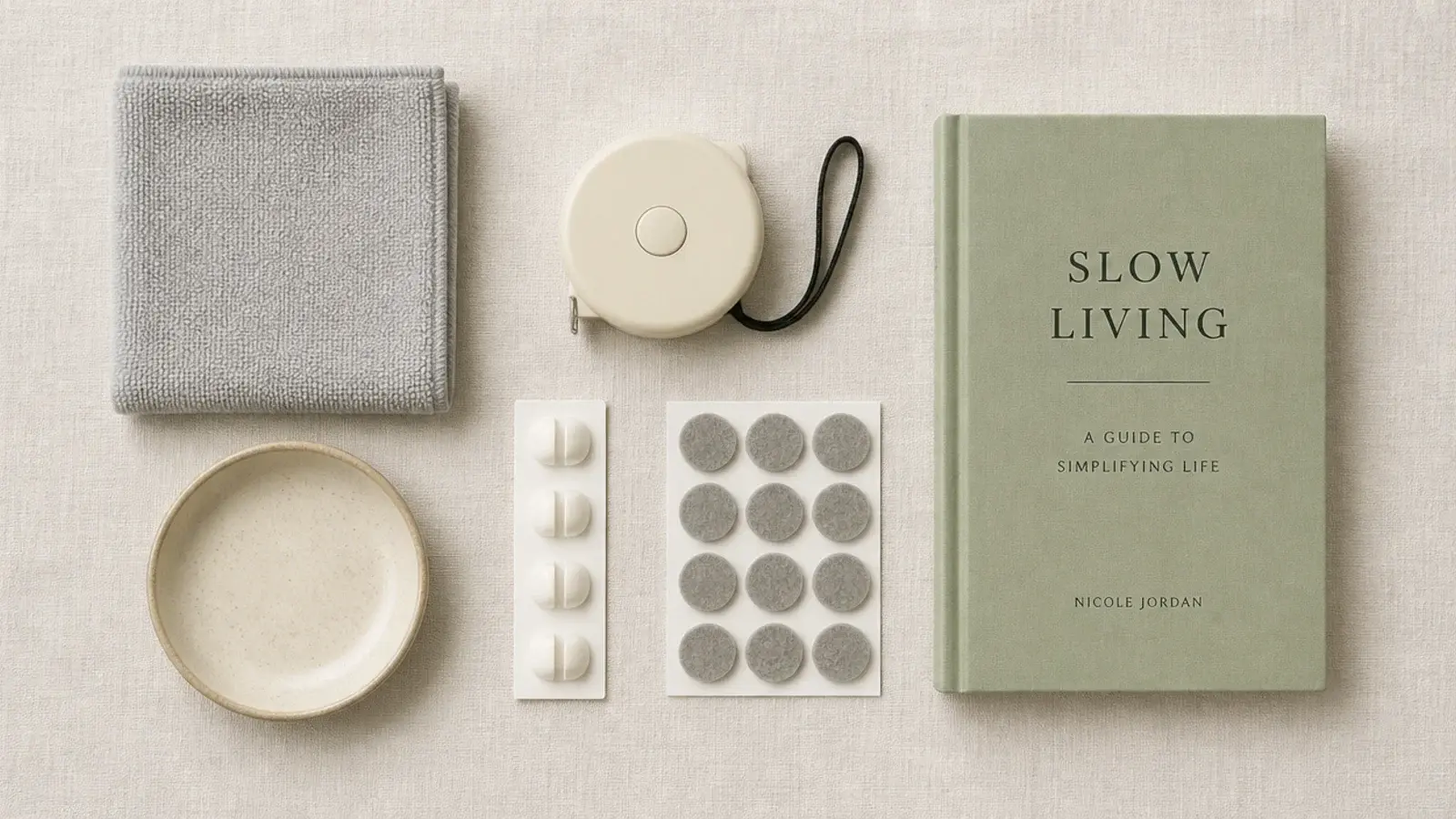 flat lay of cloth tape measure dish cable clips and felt pads