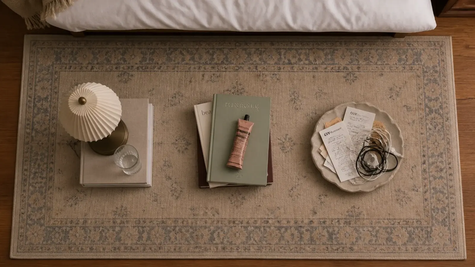 three small piles of bedside objects sorted across a bedroom floor