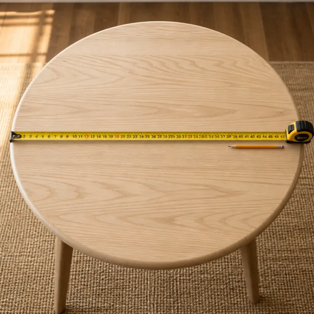 tape measure laid across the diameter of a round bedside tabletop