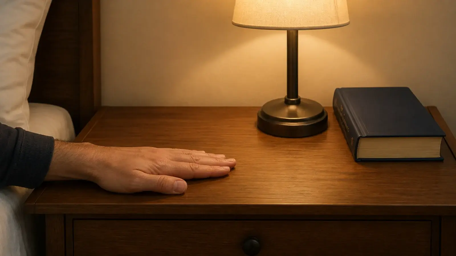 open hand resting on the front section of a bedside table surface