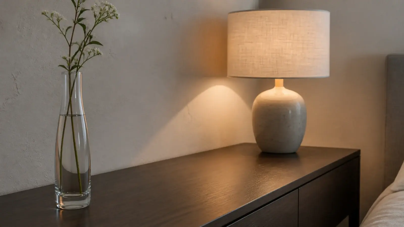 tall vase placed diagonally opposite a lamp on a bedside table