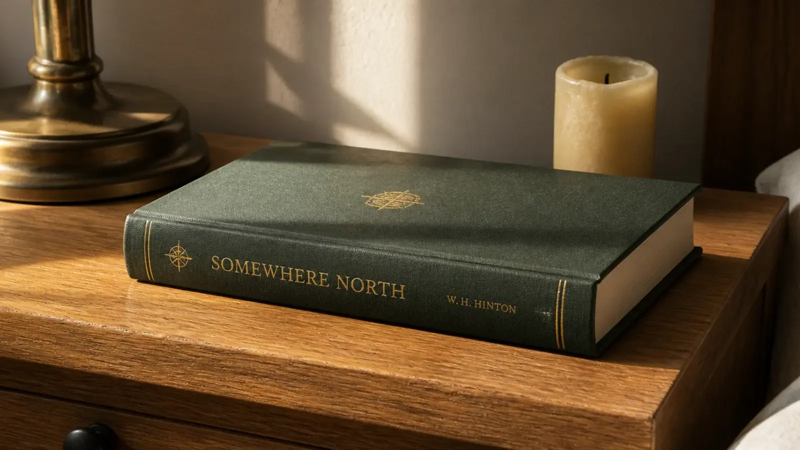 hardback book lying flat between two upright bedside objects