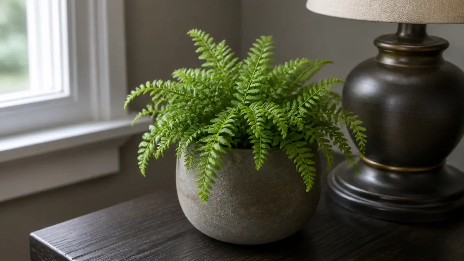 small potted fern softening a hard edged bedside table arrangement