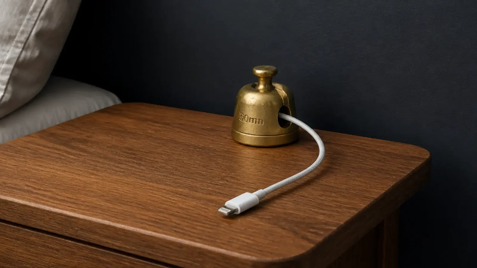 charging cable held down by a small weight at the table edge