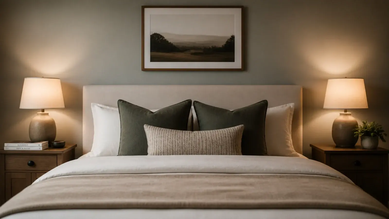 two bedside tables styled with different objects at equal visual weight