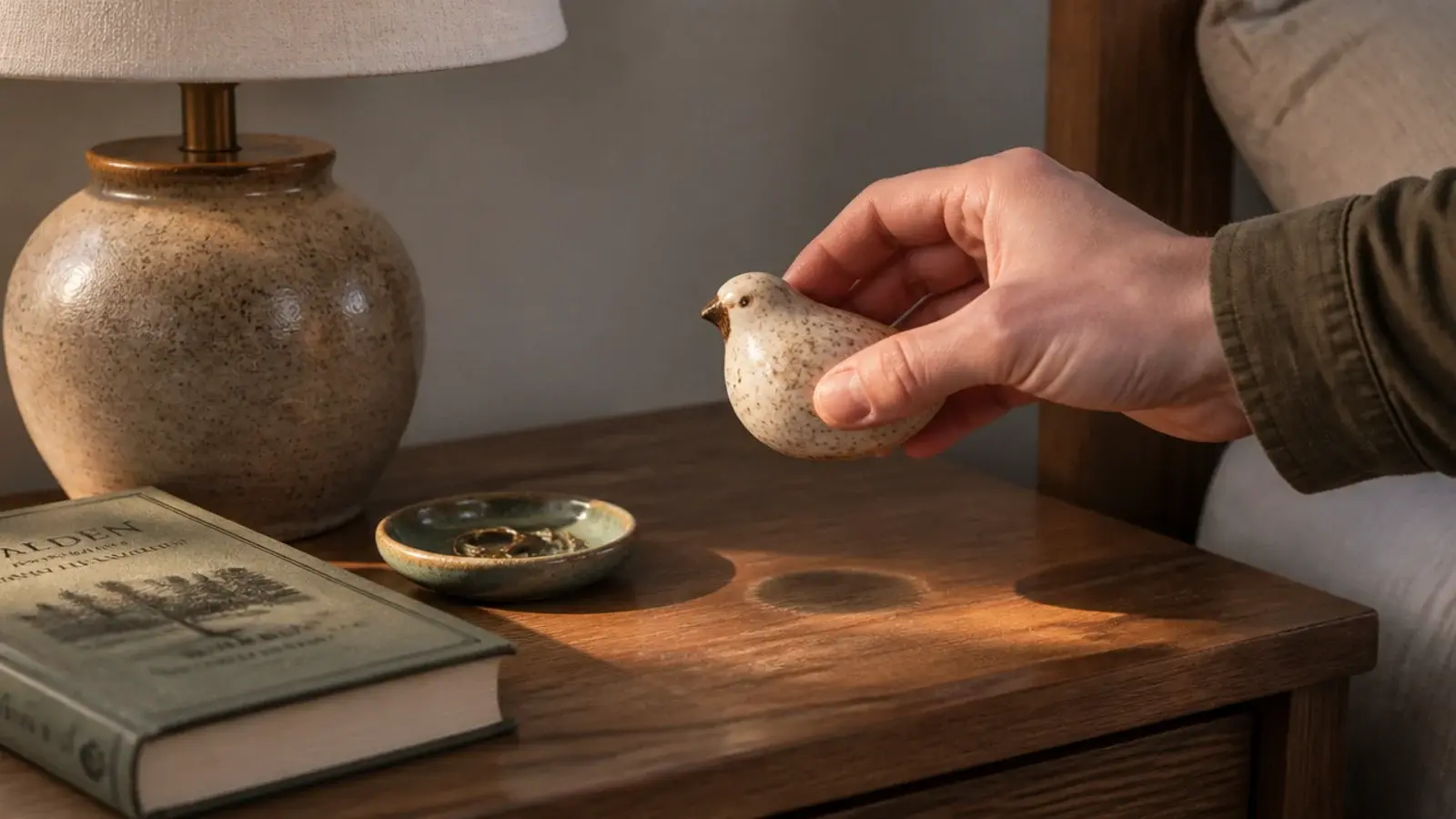 hand lifting a surplus ornament away from a styled bedside table