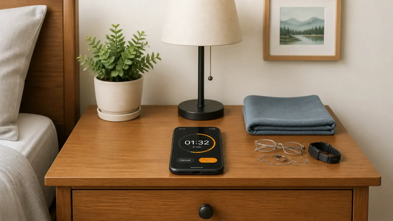 tidy bedside table reset with a phone timer showing two minutes