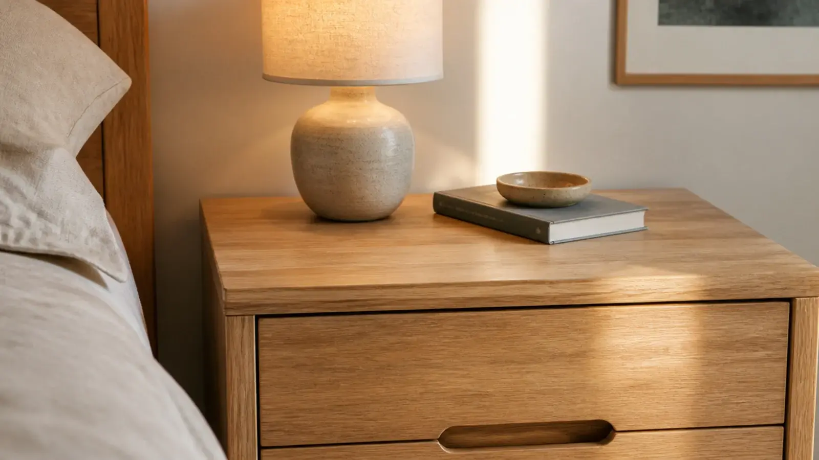 finished bedside table styling with lamp book dish and clear landing space