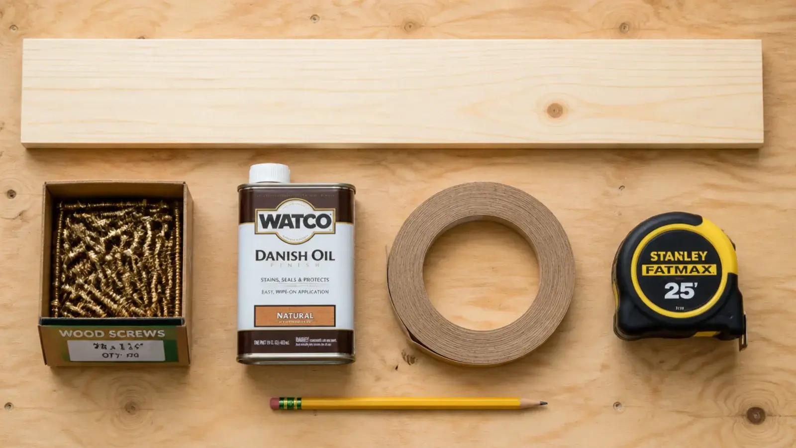 timber offcuts screws oil tin and a tape measure laid out together