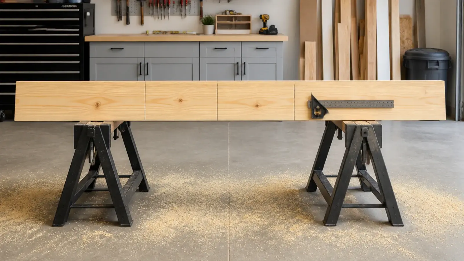 pine board marked in pencil with three cut lines before sawing