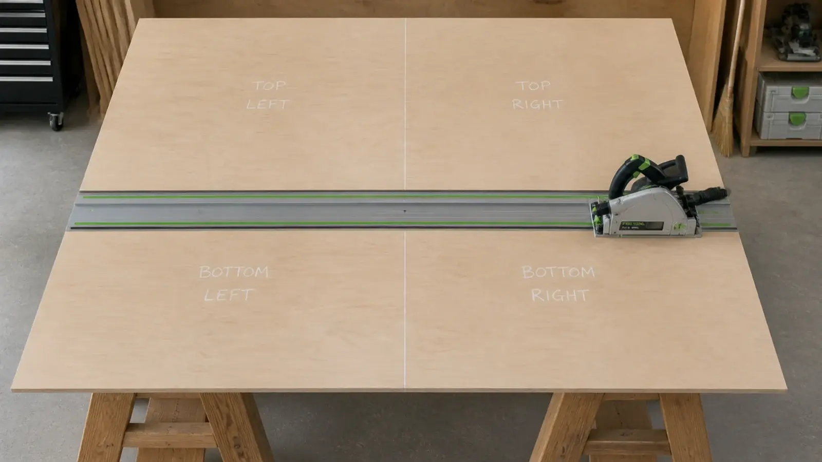 quarter sheet of birch plywood marked out into four cabinet parts