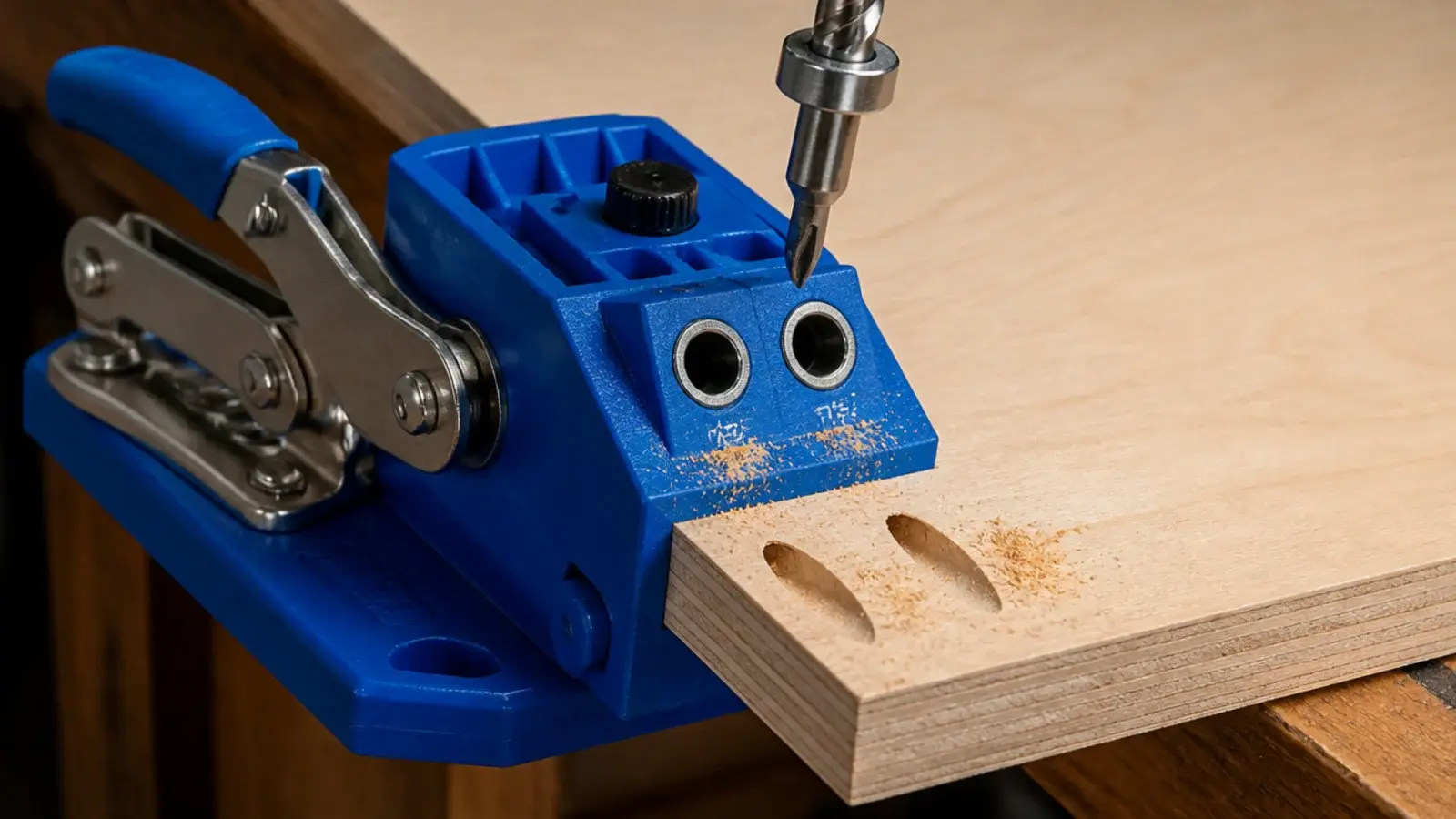 pocket hole jig clamped to plywood with two angled screw holes drilled