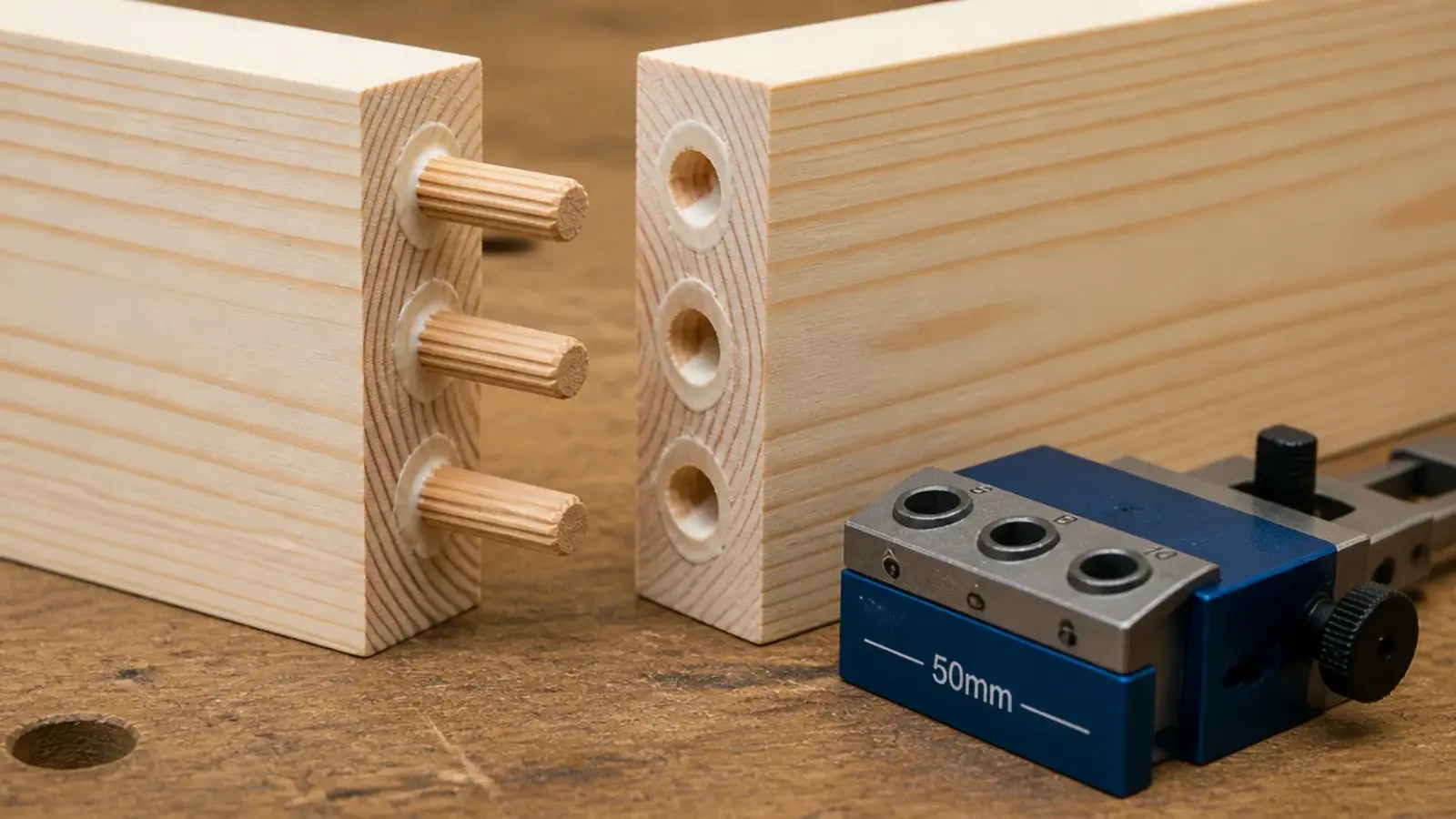 wooden dowels glued into drilled holes on a table frame joint